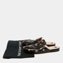 Pre Owned Gucci Black Leather Bee and Star Embroidered Princetown Flat Mules Size 38