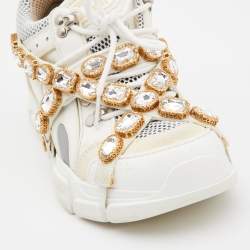 Gucci White Leather, Suede and Mesh Flashtrek Removable Crystals Low Top Sneakers Size 38.5