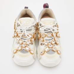 Gucci White Leather, Suede and Mesh Flashtrek Removable Crystals Low Top Sneakers Size 38.5
