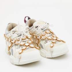Gucci White Leather, Suede and Mesh Flashtrek Removable Crystals Low Top Sneakers Size 38.5