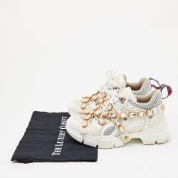 Gucci White Leather, Suede and Mesh Flashtrek Removable Crystals Low Top Sneakers Size 38.5