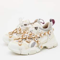 Gucci White Leather, Suede and Mesh Flashtrek Removable Crystals Low Top Sneakers Size 38.5