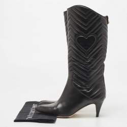 Pre Owned Gucci Black Leather Matelasse GG Mid Calf Pointed Toe Boots Size 38.5