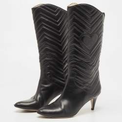 Pre Owned Gucci Black Leather Matelasse GG Mid Calf Pointed Toe Boots Size 38.5