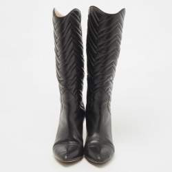 Pre Owned Gucci Black Leather Matelasse GG Mid Calf Pointed Toe Boots Size 38.5