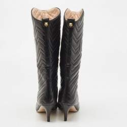 Pre Owned Gucci Black Leather Matelasse GG Mid Calf Pointed Toe Boots Size 38.5