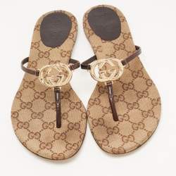 Gucci Brown Leather GG Thong Flats Size 37