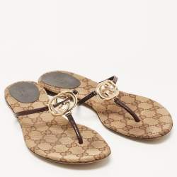 Gucci Brown Leather GG Thong Flats Size 37