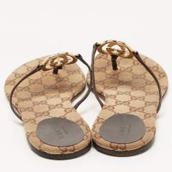 Gucci Brown Leather GG Thong Flats Size 37