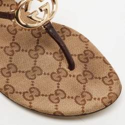 Gucci Brown Leather GG Thong Flats Size 37
