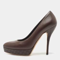 Pre Owned Gucci Brown Leather Platform Pumps Size 37.5