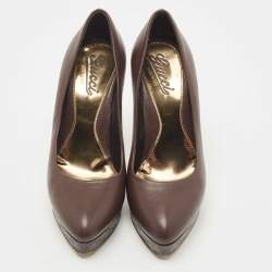 Pre Owned Gucci Brown Leather Platform Pumps Size 37.5