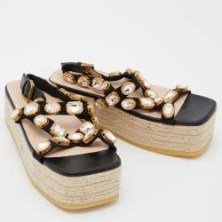 مملوكة مسبقًا صندل غوتشي إسبادريل نايلون وجلد بيبيتا مزخرف أسود بنعل سميك مقاس 37.5