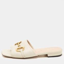 Pre Owned Gucci White Leather Horsebit Flat Slides Size 37
