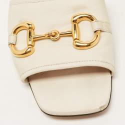 Pre Owned Gucci White Leather Horsebit Flat Slides Size 37