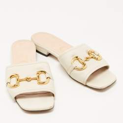 Pre Owned Gucci White Leather Horsebit Flat Slides Size 37