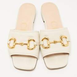 Pre Owned Gucci White Leather Horsebit Flat Slides Size 37