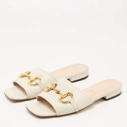 Pre Owned Gucci White Leather Horsebit Flat Slides Size 37