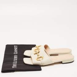Pre Owned Gucci White Leather Horsebit Flat Slides Size 37
