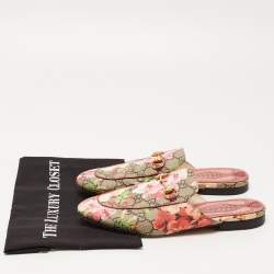 Pre Owned Gucci Beige/Brown GG Supreme Bloom Canvas Princetown Flat Mules Size 38