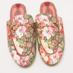 Pre Owned Gucci Beige/Brown GG Supreme Bloom Canvas Princetown Flat Mules Size 38