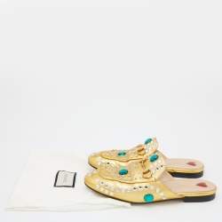 Pre Owned Gucci Gold Crystal Embellished Leather Princetown Flat Mules Size 37.5