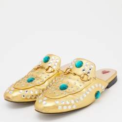 Pre Owned Gucci Gold Crystal Embellished Leather Princetown Flat Mules Size 37.5