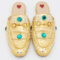 Pre Owned Gucci Gold Crystal Embellished Leather Princetown Flat Mules Size 37.5