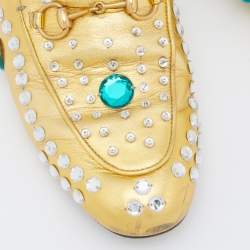 Pre Owned Gucci Gold Crystal Embellished Leather Princetown Flat Mules Size 37.5