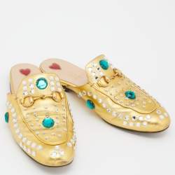 Pre Owned Gucci Gold Crystal Embellished Leather Princetown Flat Mules Size 37.5