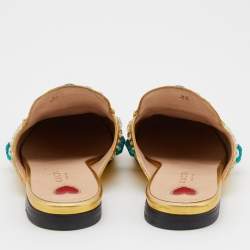 Pre Owned Gucci Gold Crystal Embellished Leather Princetown Flat Mules Size 37.5