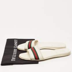 مملوكة مسبقًا Gucci White Guccissima Leather and Canvas Web Flat Slides Size 39.5