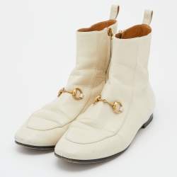 Pre Owned Gucci Cream Leather Horsebit Ankle Boots Size 38