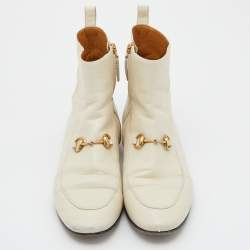 Pre Owned Gucci Cream Leather Horsebit Ankle Boots Size 38
