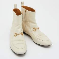 Pre Owned Gucci Cream Leather Horsebit Ankle Boots Size 38