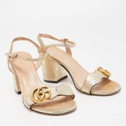 Gucci Gold Crinkled Leather GG Marmont Ankle Strap Sandals Size 37