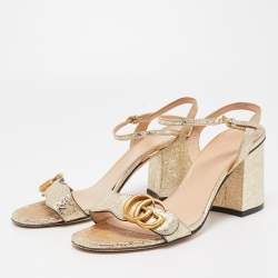 Gucci Gold Crinkled Leather GG Marmont Ankle Strap Sandals Size 37