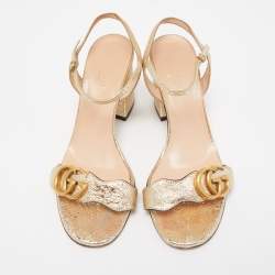 Gucci Gold Crinkled Leather GG Marmont Ankle Strap Sandals Size 37