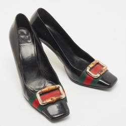 Gucci Black Patent Leather and Canvas Web Bamboo Buckle Pumps Size 36