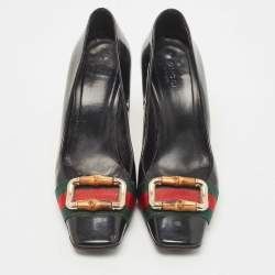 Gucci Black Patent Leather and Canvas Web Bamboo Buckle Pumps Size 36