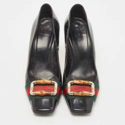 Pre Owned Gucci Black Patent Leather and Canvas Web Bamboo Buckle Pumps Size 36