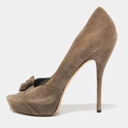 Gucci Grey Suede Double Bow Peep Toe Pumps Size 40.5