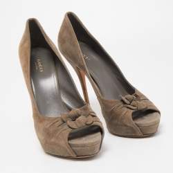 Gucci Grey Suede Double Bow Peep Toe Pumps Size 40.5