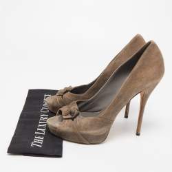 Gucci Grey Suede Double Bow Peep Toe Pumps Size 40.5