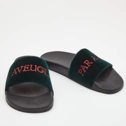 Pre Owned Gucci Green Velvet Embroidered L'aveugle Par Amour Slides Size 39