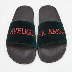 Pre Owned Gucci Green Velvet Embroidered L'aveugle Par Amour Slides Size 39
