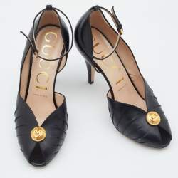 Pre Owned Gucci Black Leather Ankle Strap Peep Toe Sandals Size 38