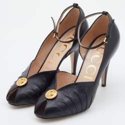Pre Owned Gucci Black Leather Ankle Strap Peep Toe Sandals Size 38