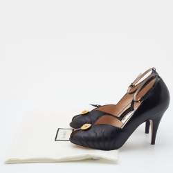 Pre Owned Gucci Black Leather Ankle Strap Peep Toe Sandals Size 38