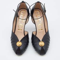 Pre Owned Gucci Black Leather Ankle Strap Peep Toe Sandals Size 38